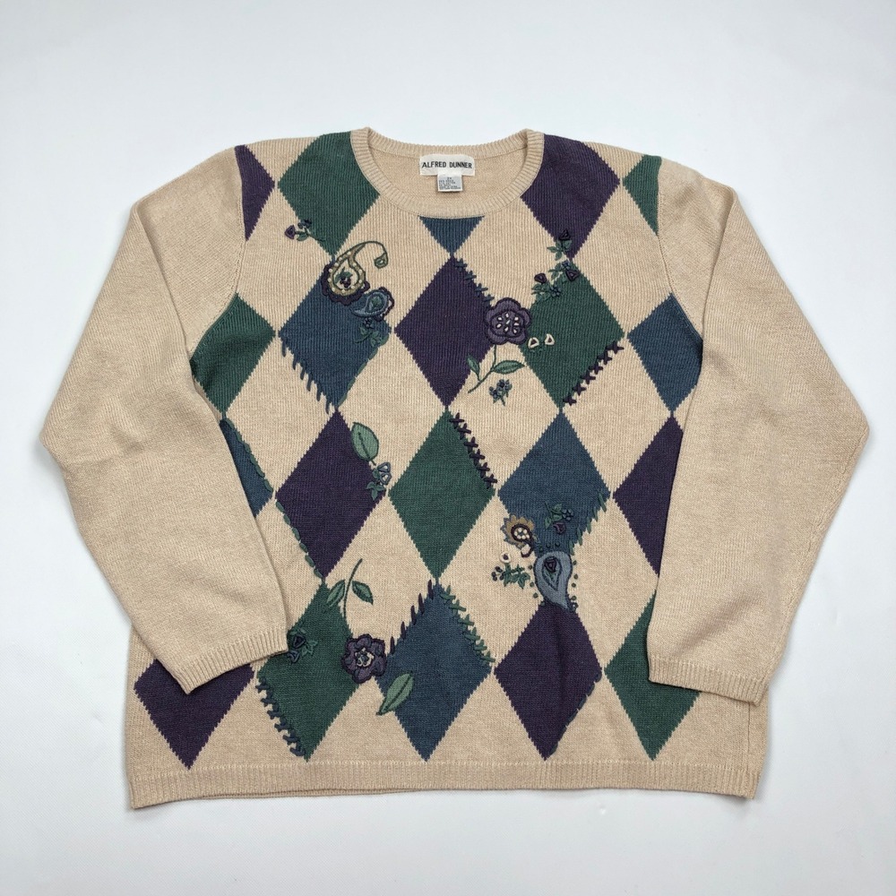 Vintage 80s Alfred Dunner Womens 2X Argyle Floral Embroidered Sweater Diamond